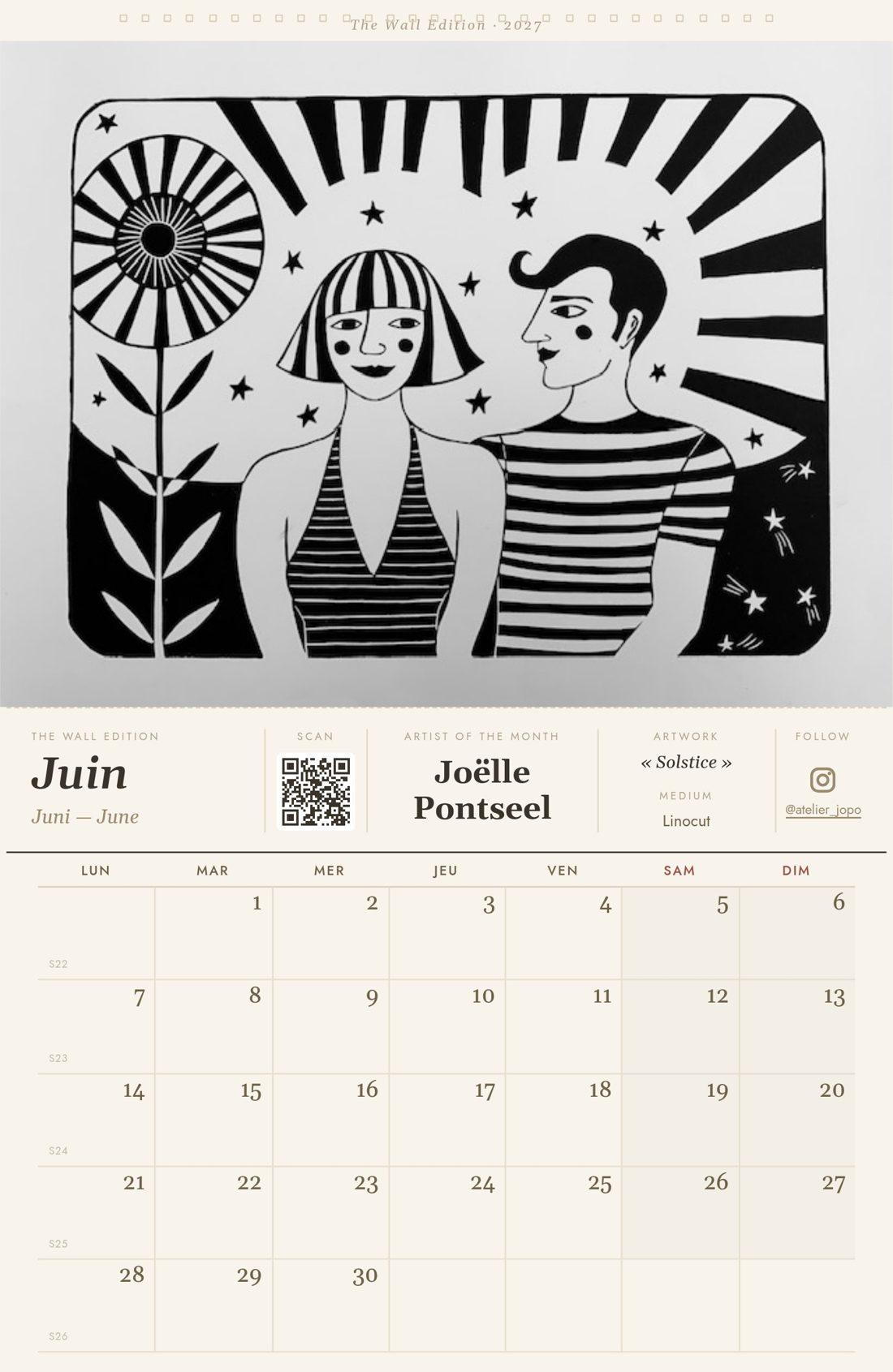 Le mois de juin ouvert : la linogravure « Solstice » de Joëlle Pontseel au-dessus de la grille des jours